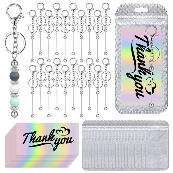 Style-Carry 20 Set Silver Beaded Keychain Making Kit DIY Beadable Keychain Bars with Key Rings Thank You Cards and Organizer Bags for Jewelry Crafting