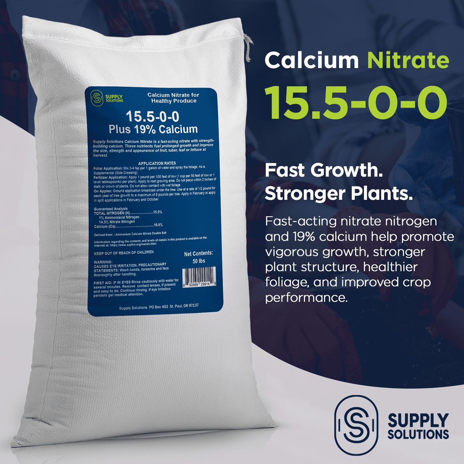 Supply Solutions Calcium Nitrate 15.5-0-0 + 19% Ca | Fast-Acting Water Soluble Fertilizer Prevents Blossom End Rot - Boosts Growth & Yield for Vegetables, Fruit, Gardens & Hydroponics (50 Pounds)