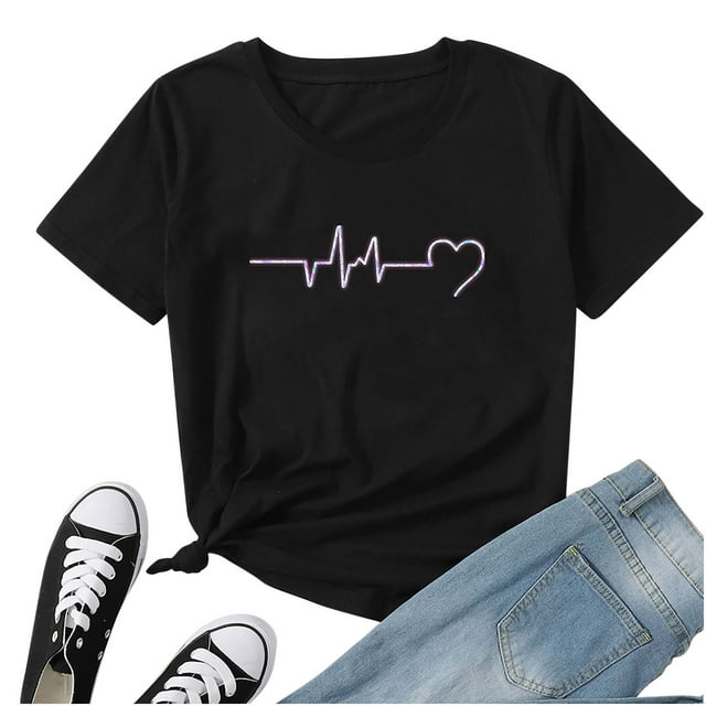 Camisetas de cuello redondo para mujer Camisetas con estampado de corazón Camisetas de manga corta Blusa Tops Fridja gope1510