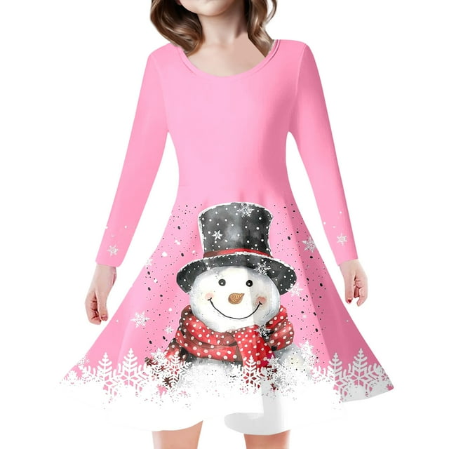 PMVFHDE Robes Filles Enfants Tout-Petits Filles Sapins de Noël Imprimé Cerf Manches Longues Robe de Fête pour Rose,8-9 Ans