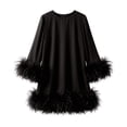 thumbnail image 5 of QHFBli Feather Trim Long Sleeve Dressse for Women Loose Crewneck Zipper Back Birthday Party Tunic Mini Dresses, 5 of 6
