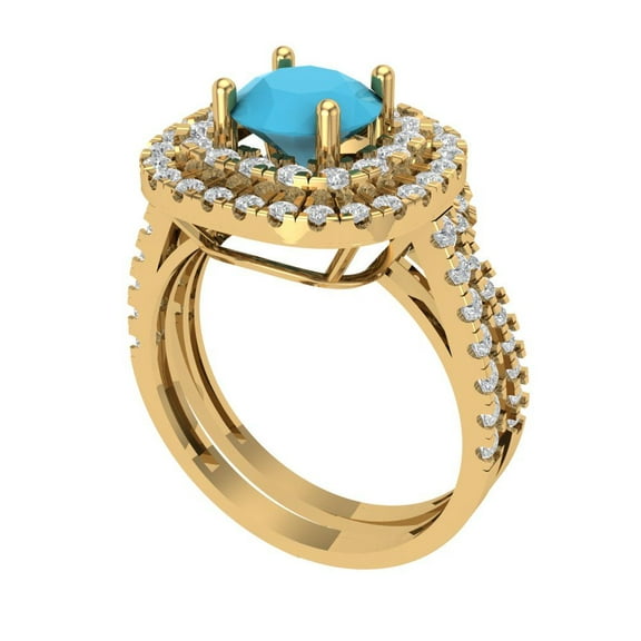 1.8 ct Brilliant Round Cut Turquoise 14K Yellow Gold Halo Solitaire with Accents Engagement Bridal Wedding Ring Band Set size 6.25
