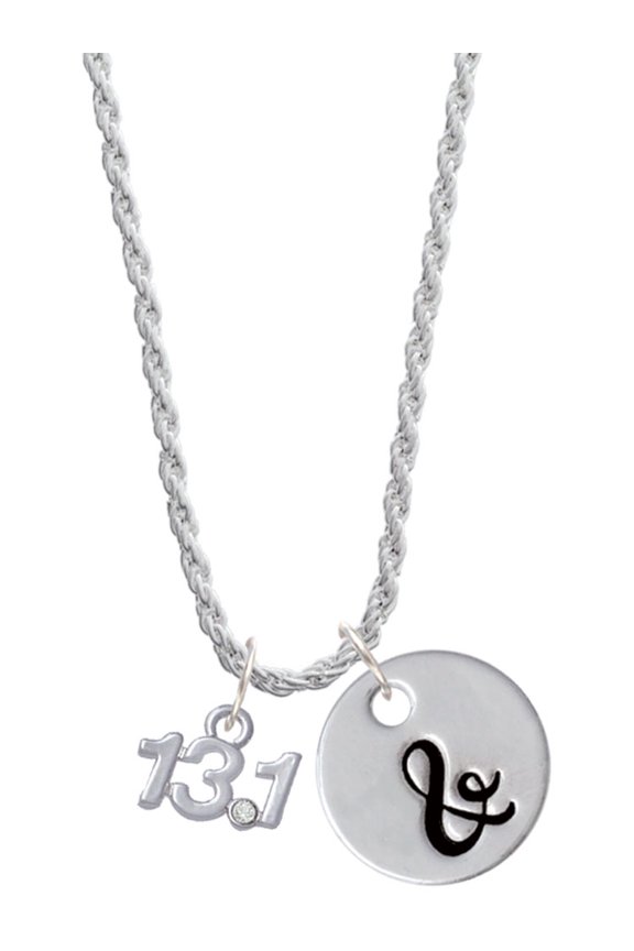 Silvertone Half Marathon - 13.1 with Clear Crystal Silvertone Script Initial Disc - & - Charm Necklace, 20"+3"