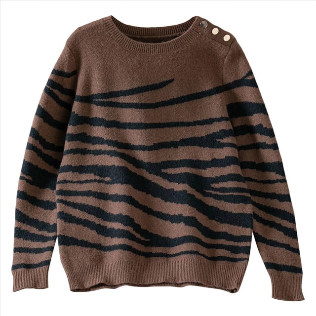 Suéter Informal de Cuello Redondo y Larga para Mujer, Otoño e Invierno, con Rayas en Contraste y Botones en los Hombros Café M