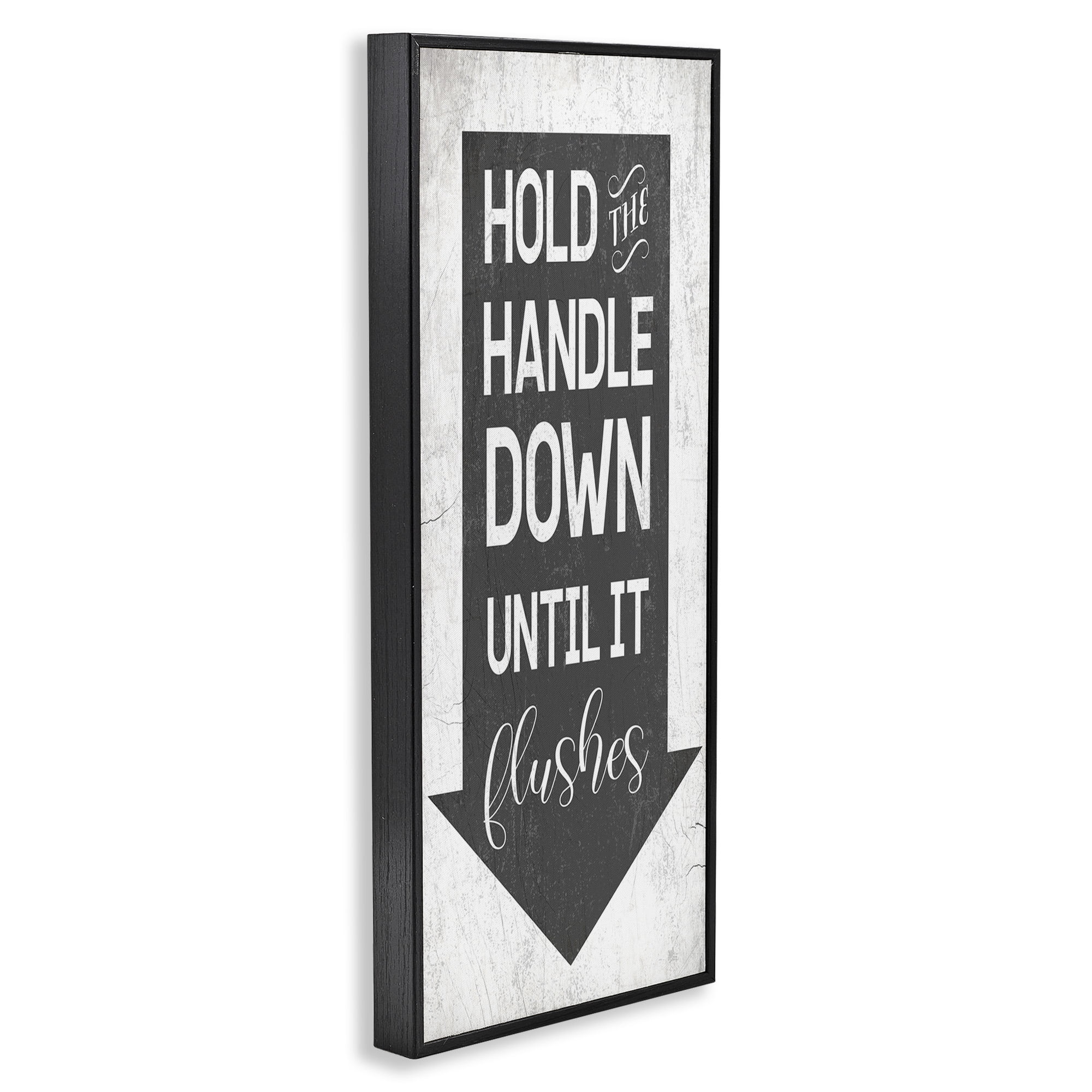 Stupell Industries Hold Handle Down Bathroom Arrow Typography Painting Black Framed Art Print Wall Art, 10 x 24