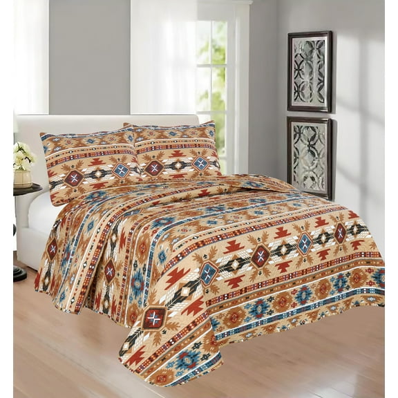 Western Southwestern Native American Tribal Navajo Design Bedspread Quilt Set in Beige Taupe Brown Blue Green Austin red