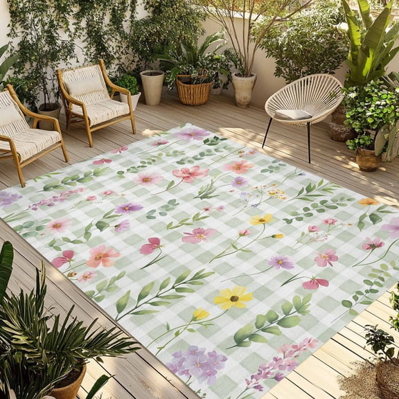 Spring Floral Outdoor Rug for Patio/Deck/Porch, Non-Slip Large Area Rug 6 x 9 Ft, Pink Flowers Green Plaid Pastoral Indoor Outdoor Rugs Washable Area Rugs, Reversible Camping Rug Carpet Runner