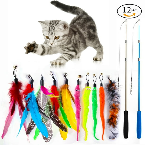 Juguete de varita de plumas para gatos, caña de pescar retráctil interactiva para gatos, divertido palo para gatos, caña de mar, juguete para jugar con plumas de gato, juguetes de compañía para mascotas, 12 piezas JM