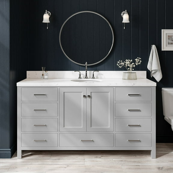 Ariel Cambridge 66 Inch Single Oval Sink Bathroom Vanity With Carrara White Quartz Countertop 1.5 Edge In Grey