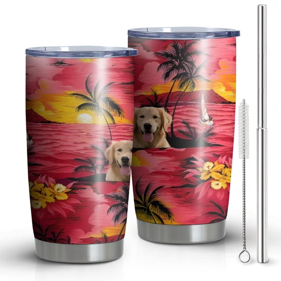 20 Oz Golden Retriever Hawaiian Coffee Tumbler Double Wall Insulated Stainless Steel Water Bottle | Metal Reusable Thermoses Flask with Cup Cap | Leak & Sweat Proof with Anti-Dust Lid