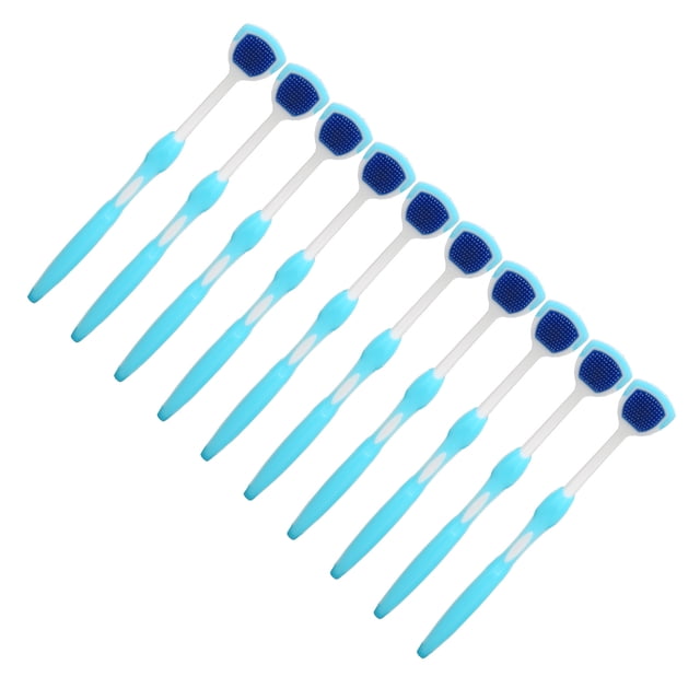 raspador de lengua buyweek 10 piezas multifuncional, diez raspadores de silicona con mango largo azul y cabezal cuadrado de superficie texturizada azul oscuro alineados en diagonal sobre fondo blanco; diseño ergonómico visible, aptos para limpiar la lengua y refrescar el aliento, también suelen usarse para limpiar moldes dentales o prótesis pequeñas.