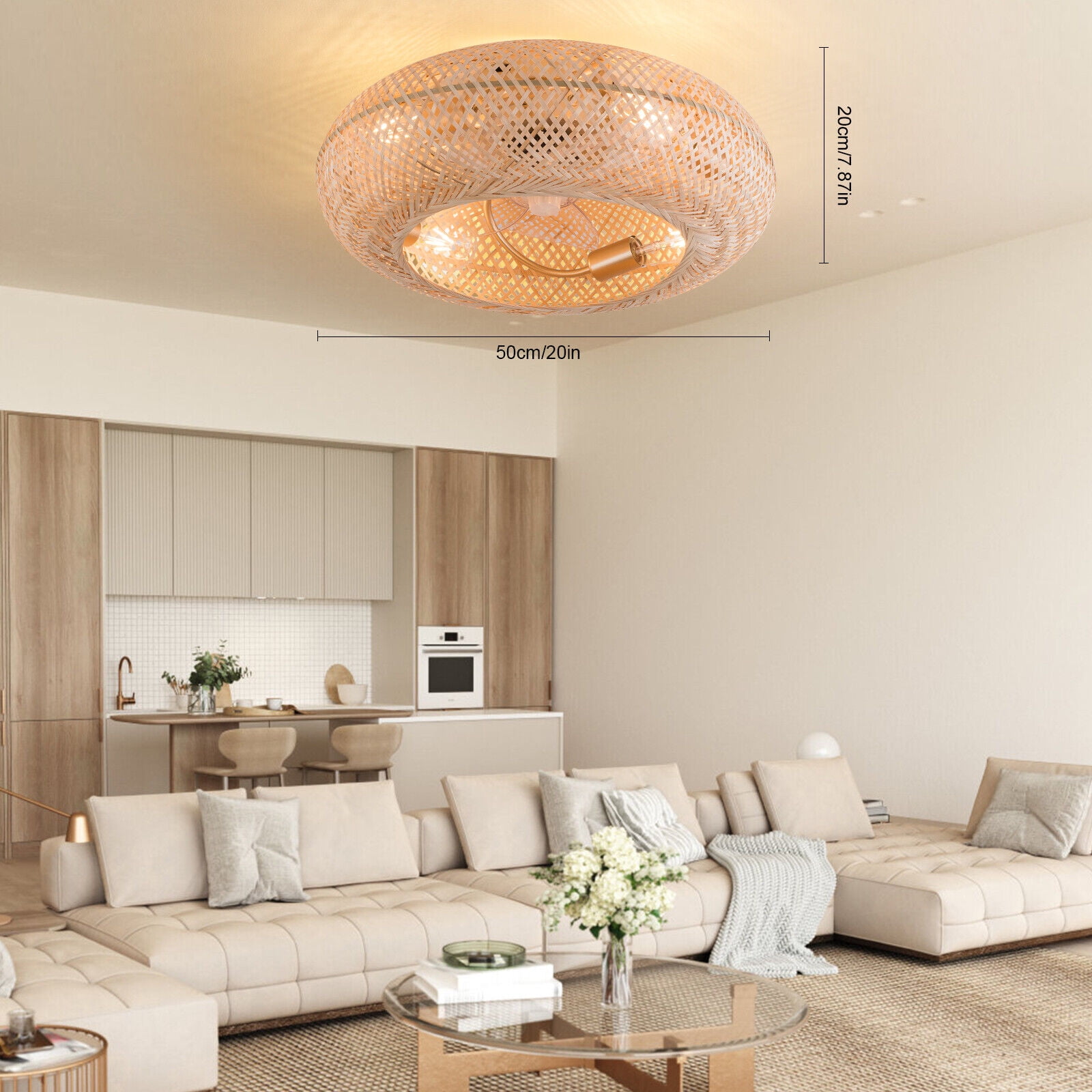 Miumaeov Wicker Rattan Ceiling Lamp Farmhouse Ceiling Fan Light Fixture Vintage Woven Rattan Caged Chandelier with Remote Control Low Profile 6 Speed for Bar Hotel Kitchen Island Bedroom