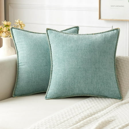 

MIULEE Pack of 2 Couch Throw Pillow Covers 16x16 inch Aqua Green Farmhouse Decorative Pillow Covers with Stitched Edge Soft Chenille Solid Dyed Spring Pillow Covers for Sofa Bed Living Room