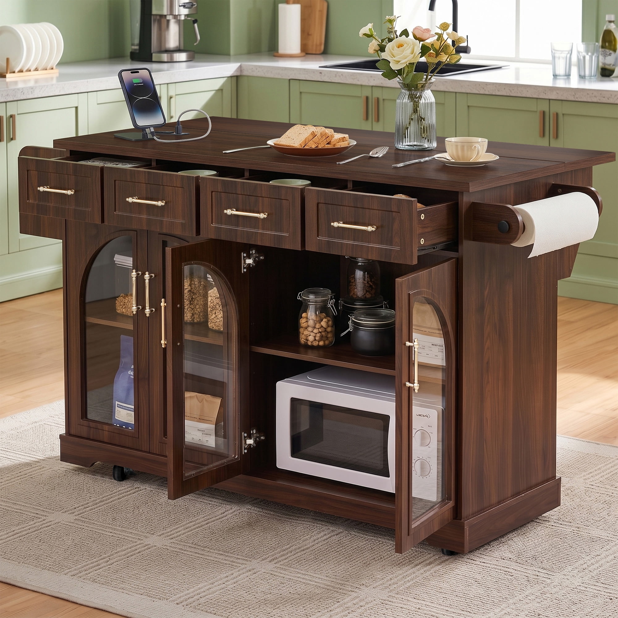 Aukfa 65" Kitchen Island with Arched Glass Doors, Drop Leaf Countertop & Charging Station, Rolling Cart, Walnut