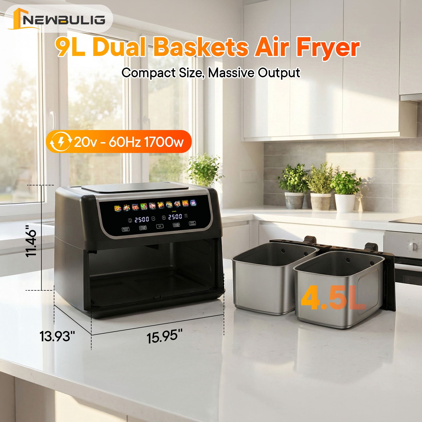 CONCETTA 9QT Dual Basket Air Fryer Oven, 2 Nonstick Baskets, Digital, Easy-View Window, Hi-Fry & Auto Shutoff, Black