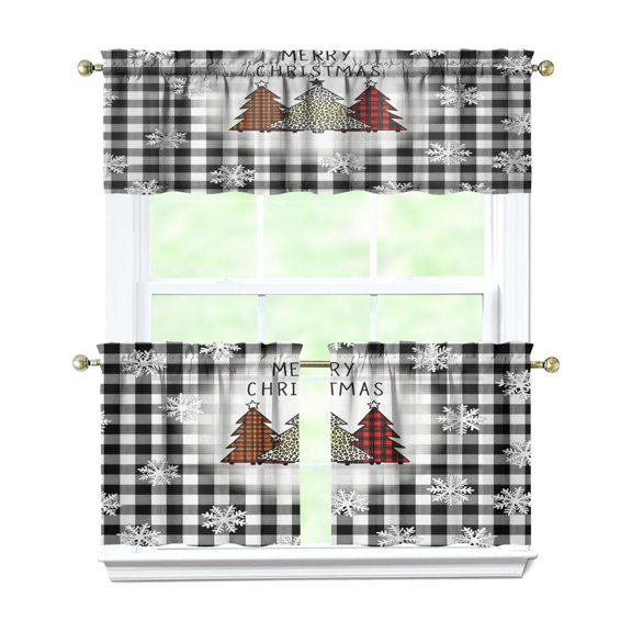 Black and White Checkered Christmas Tree 3 Piece Kitchen Curtains Sets with Valance for Windows Rod Pocket Machine Washable Kitchen Curtain Valance 3 Piece Set Decorations (54"x18" 2x27.5"x24")