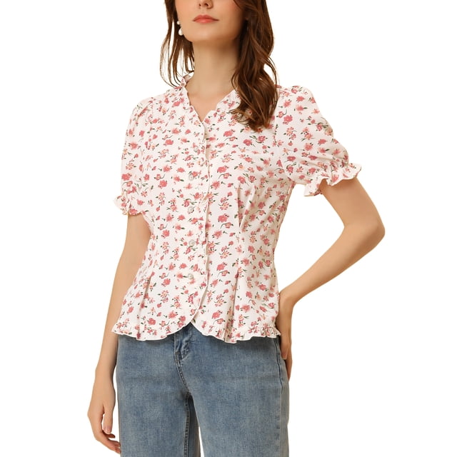 INSPIRE CHIC Women's Summer Floral Print Shirt Button Down V Neck Ruffle Trim Puff Short Sleeve Blouse Tops Beige S