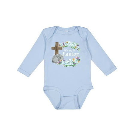 

Inktastic It s My 1st Easter with Cross and Flowers Gift Baby Boy or Baby Girl Long Sleeve Bodysuit