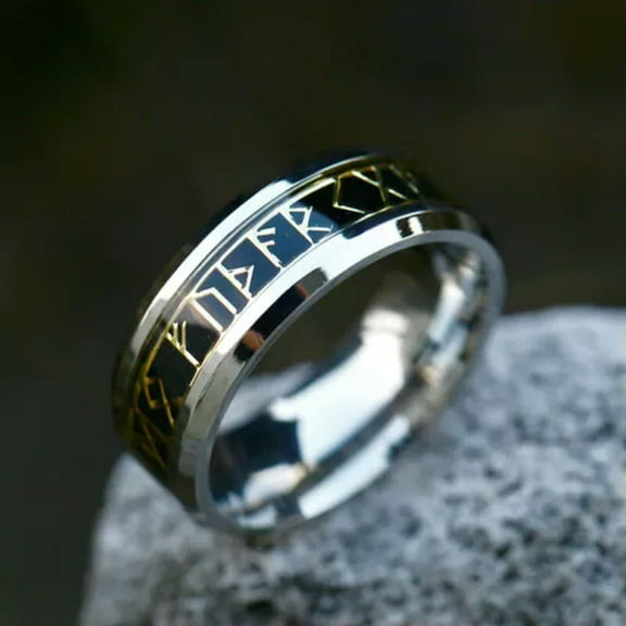 K-KED Nordic Vintage Gold Viking Rune Inlay Ring Titanium Men Women Retro Wedding Band-7