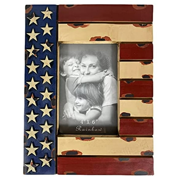 Urbalabs USA Patriotic Rustic Picture Frame 4 x 6 American Gifts Service Member Decor Photo Frame Wall Hanging or Standing 4x6 Picture Frames US Flag Military Picture Box