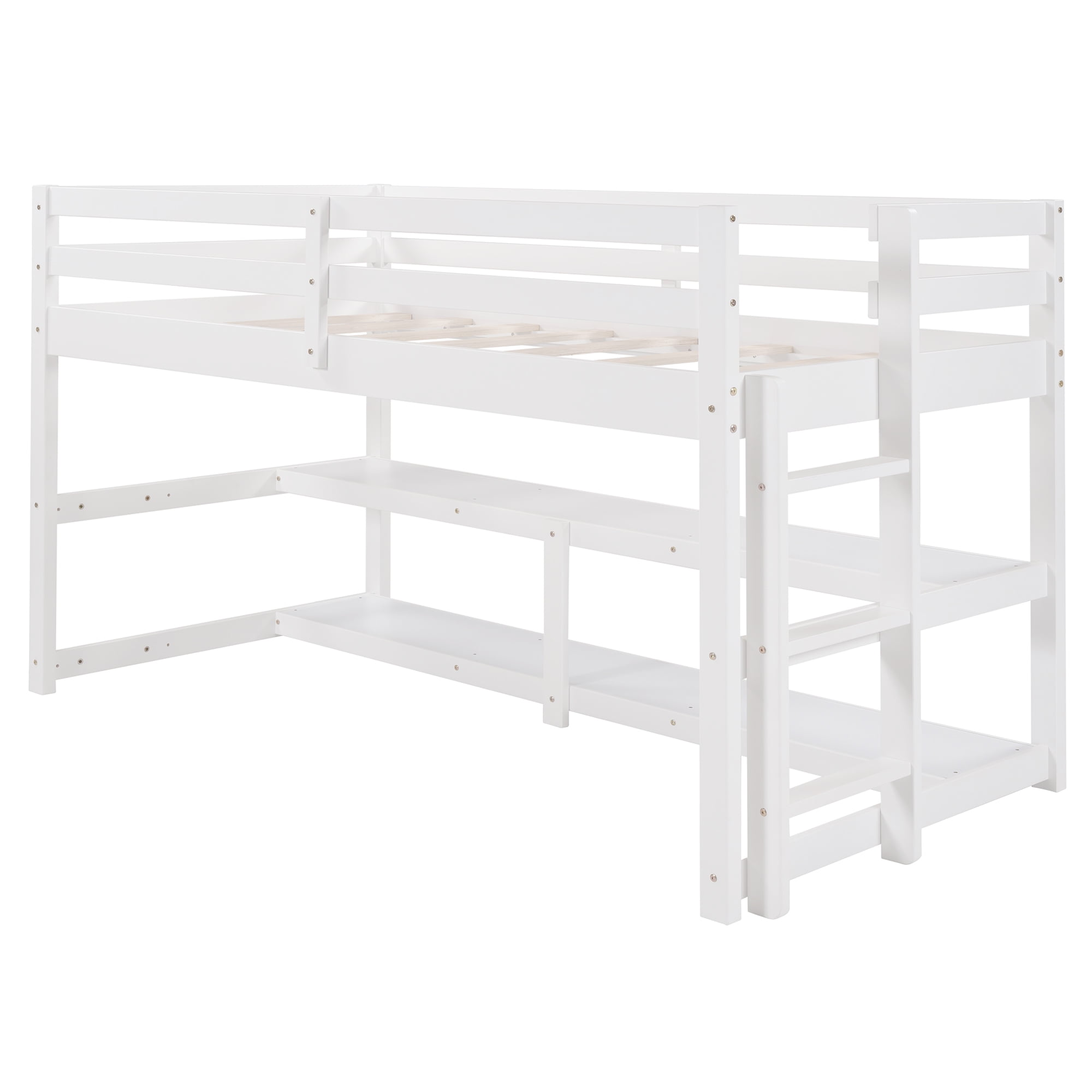 Low Kids Twin Loft Bed with Shelves, Wooden Loft Bed, White