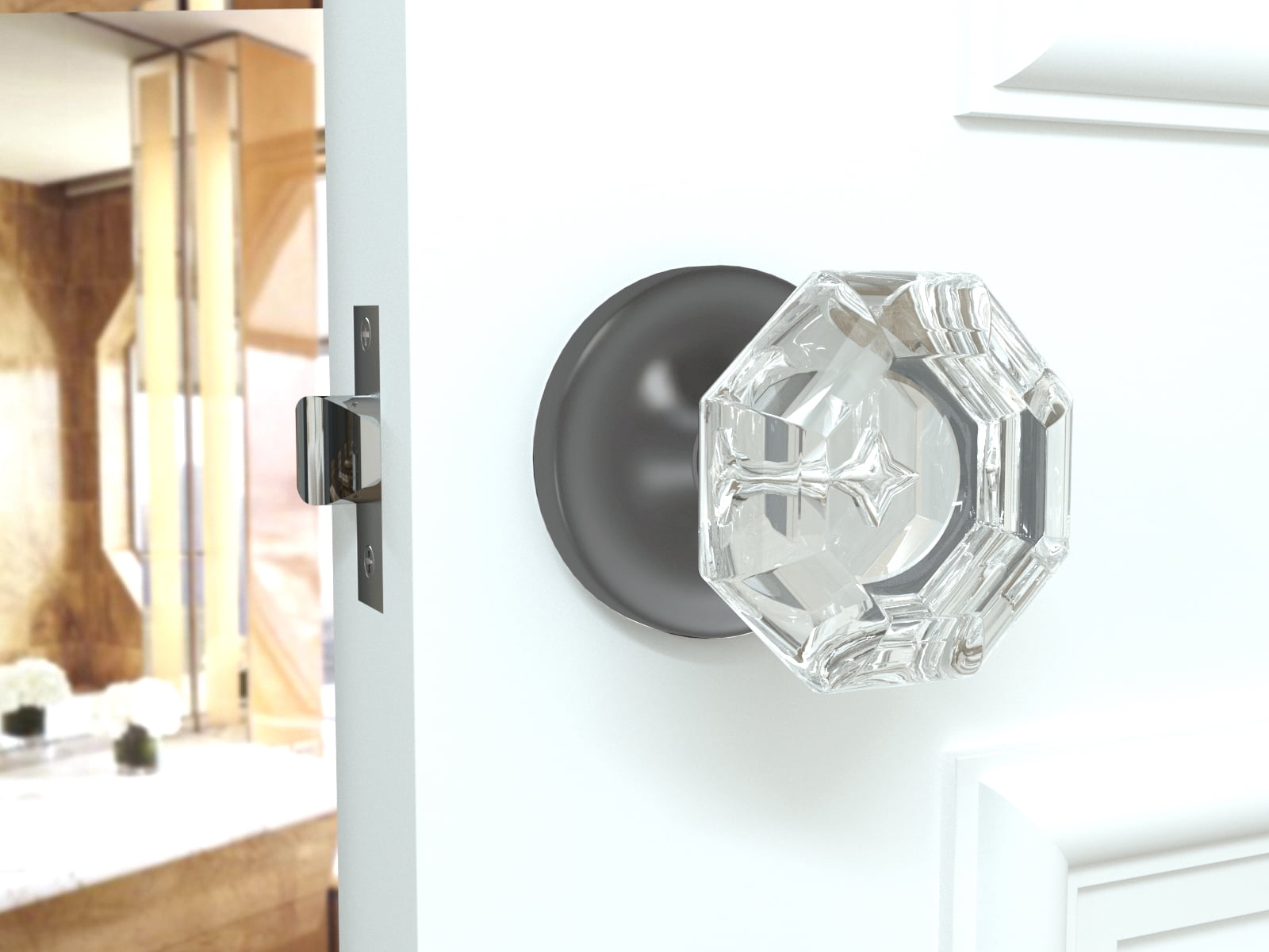 Privacy Octagon Crystal Door Knobs Dark Grey Round Rosette