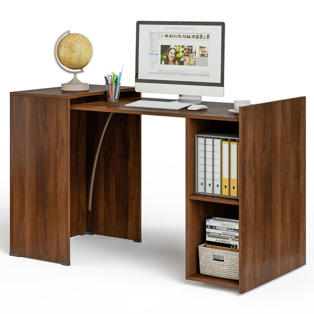 Costway Bureau d'Ordinateur Extensible Bureau d'Étude Réversible W / Étagères Mobiles Brun