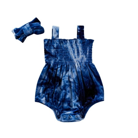 

Infant Baby Girls Summer Sling Romper Fashion Tie-dyed Golden Velvet Wrap Fart One-piece Romper Cute Baby Bodysuit Creeper with Hairband