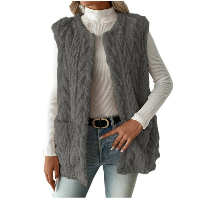 HAiming Gilet en Molleton d'Hiver pour Femmes, Col Ras du Cou, Sans Manches, Ouvert à l'Avant, Cardigan, Veste Duveteuse et Chaude avec Poche
