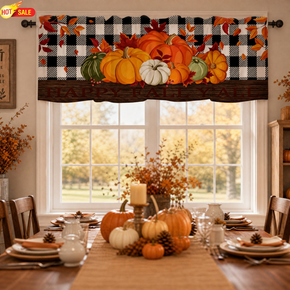 Happy Fall Pumpkin Window Valance, Plaid Maple Leaf Short Curtain, Light Filtering Kitchen Window Topper, Autumn Harvest Valance Curtain for Kitchen Dining Room Farmhouse Thanksgiving Home Decor