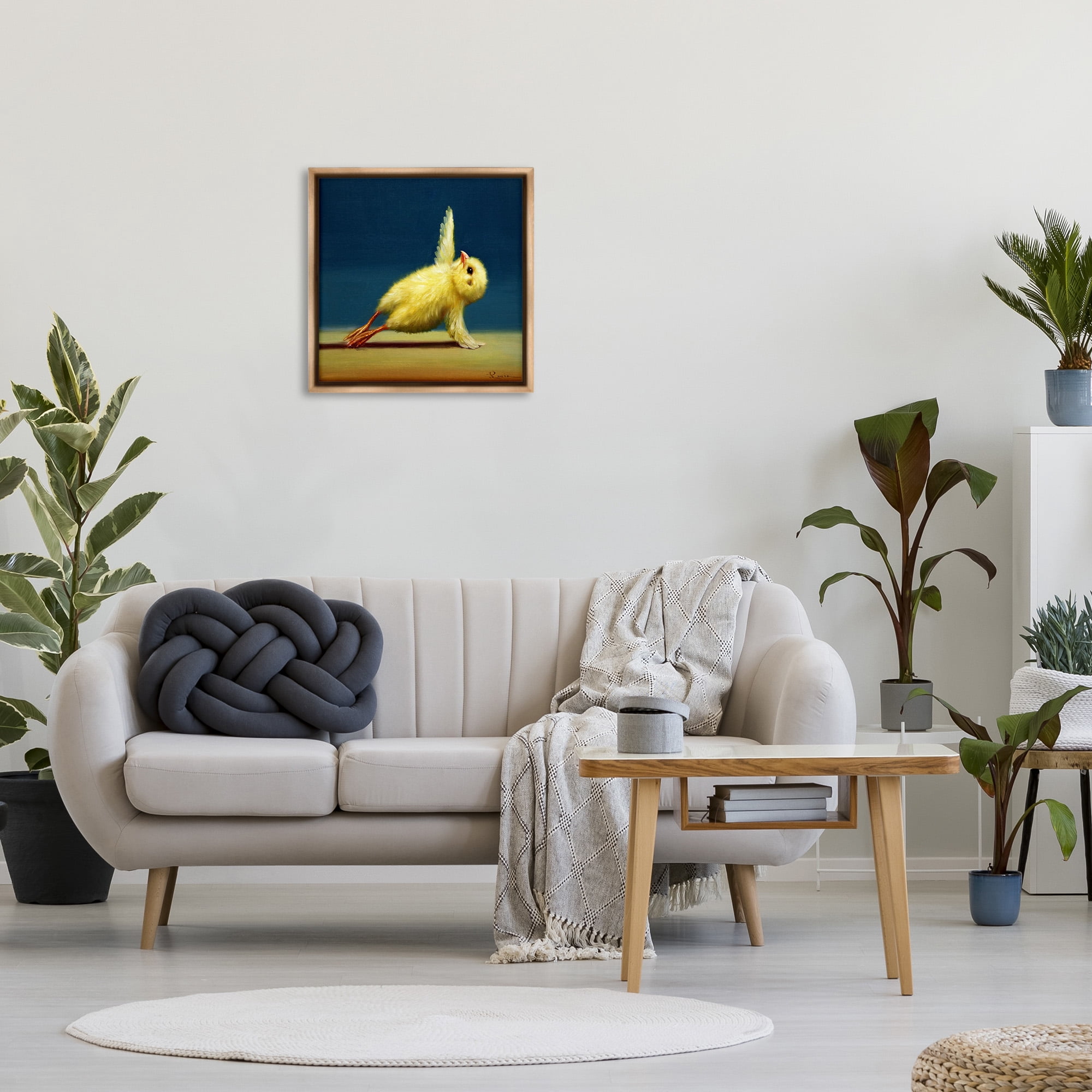 Stupell Industries Yellow Chick Stretching Yoga Animals & Insects Painting Brown Floater Framed Canvas Art Print Wall Art, 25 x 25