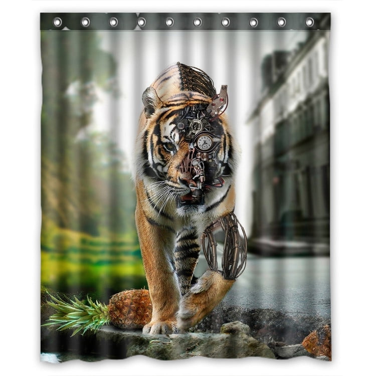 Wild Life Tiger Walking On Black Bathroom Shower Curtain Set Fabric &12 Hook 71" 