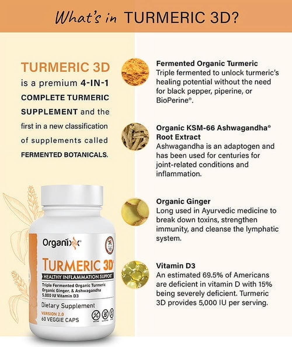 Organixx Turmeric Curcumin, Inflammatory and Immune Support, Helps Maintain Healthy Joints, with Ginger, Ashwagandha, Vitamin D, 60 Vegetarian Capsules