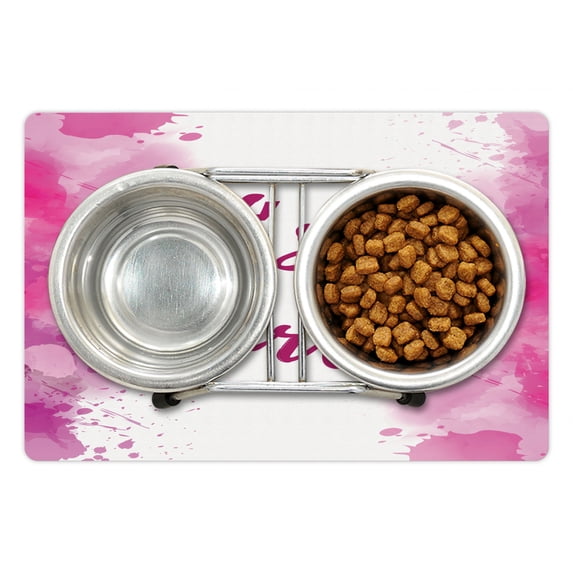 Gender Reveal Pet Mat for Food and Water, Hand Written Look Its a Girl Text Watercolor Splash Frame Pink Tones Print, Non-Slip Rubber Mat for Dogs and Cats, 18" X 12", by Ambesonne