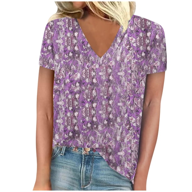 Blusas para las Mujeres Casual Cuello en V Manga Corta Impresa, 95% Poliéster 5% Spandex Camiseta Top para el Día a Día, Fiesta Y Ropa de Trabajo