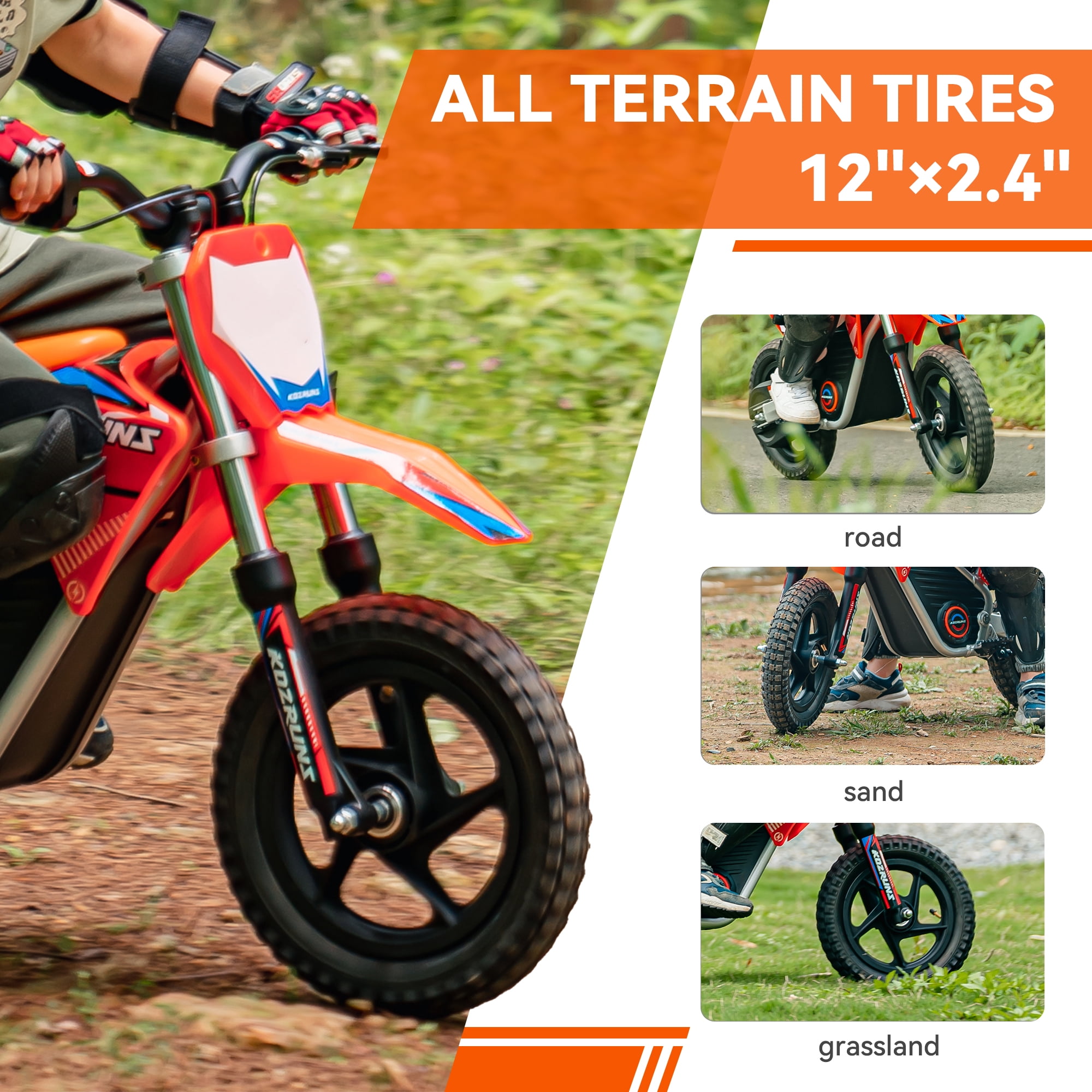 24V Electric Bike for Kids, 2 Speed Modes with Dual Shock Absorption, Safe Disc Brake, 12 inch off  Road Tires Fit Ages 3-6, Orange