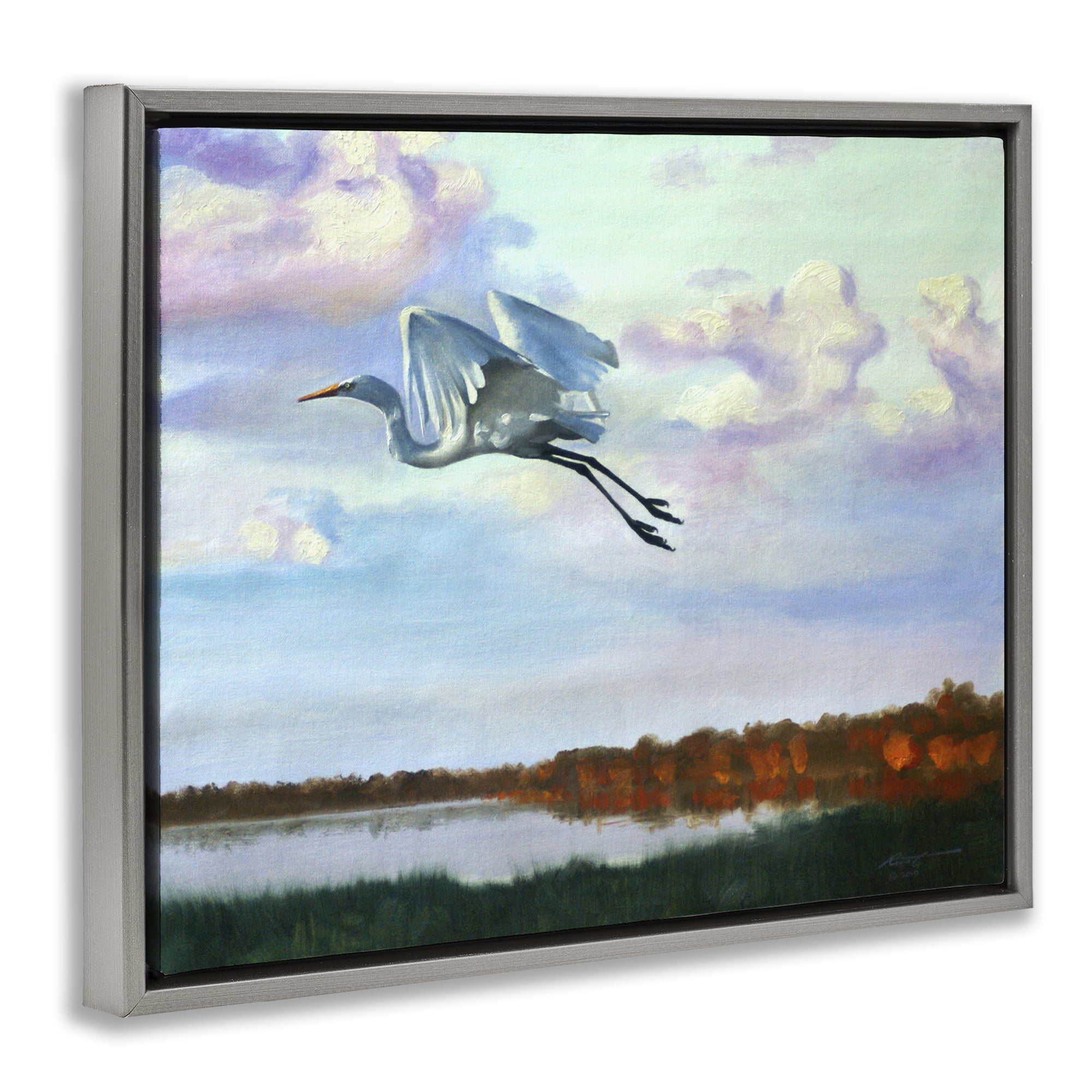 Stupell Industries Egret Over Lake Shore Landscape Painting Gray Floater Framed Canvas Art Print Wall Art, 31 x 25