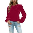 thumbnail image 3 of VKOYWKM Velvet Tops for Women Vintage Puff Long Sleeve Soft Velour Shirts Crew Neck Dressy Casual Blouses Trendy Spring Fall Basic Shirt, 3 of 6