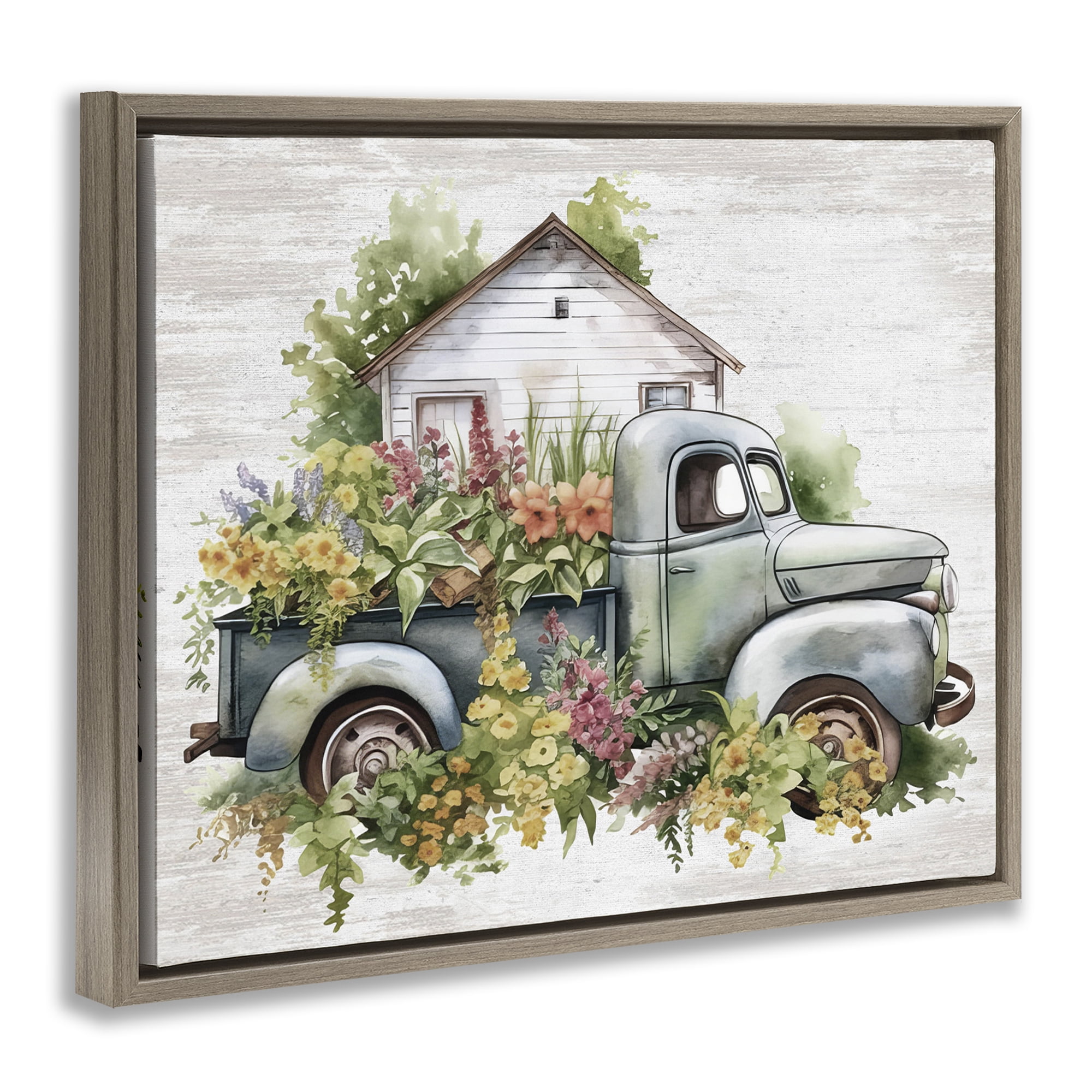 Stupell Industries Country Floral Truck Transportation Painting Brown Floater Framed Canvas Art Print Wall Art, 21 x 17