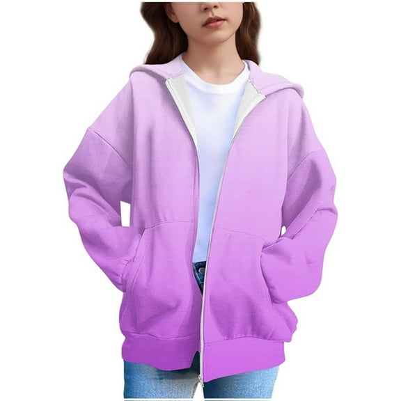 Cethrio Girls Hoodies with Zipper, Long Sleeve Casual Gradient Print Spring Fall Sweatshirts for Girl Purple Size 7-8 T