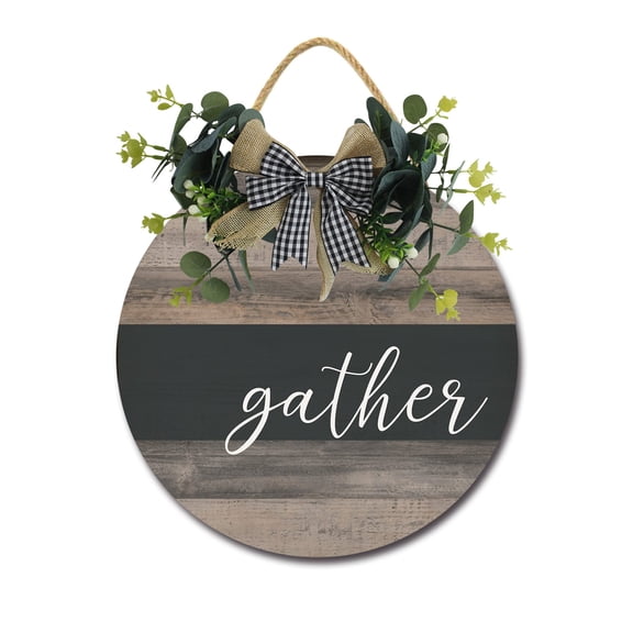 Gather Sign Front Door Porch Decorations, Round Rustic Wood Hanging Sign for Farmhouse Porch Outdoor Home Holiday Front Door Sign Decor