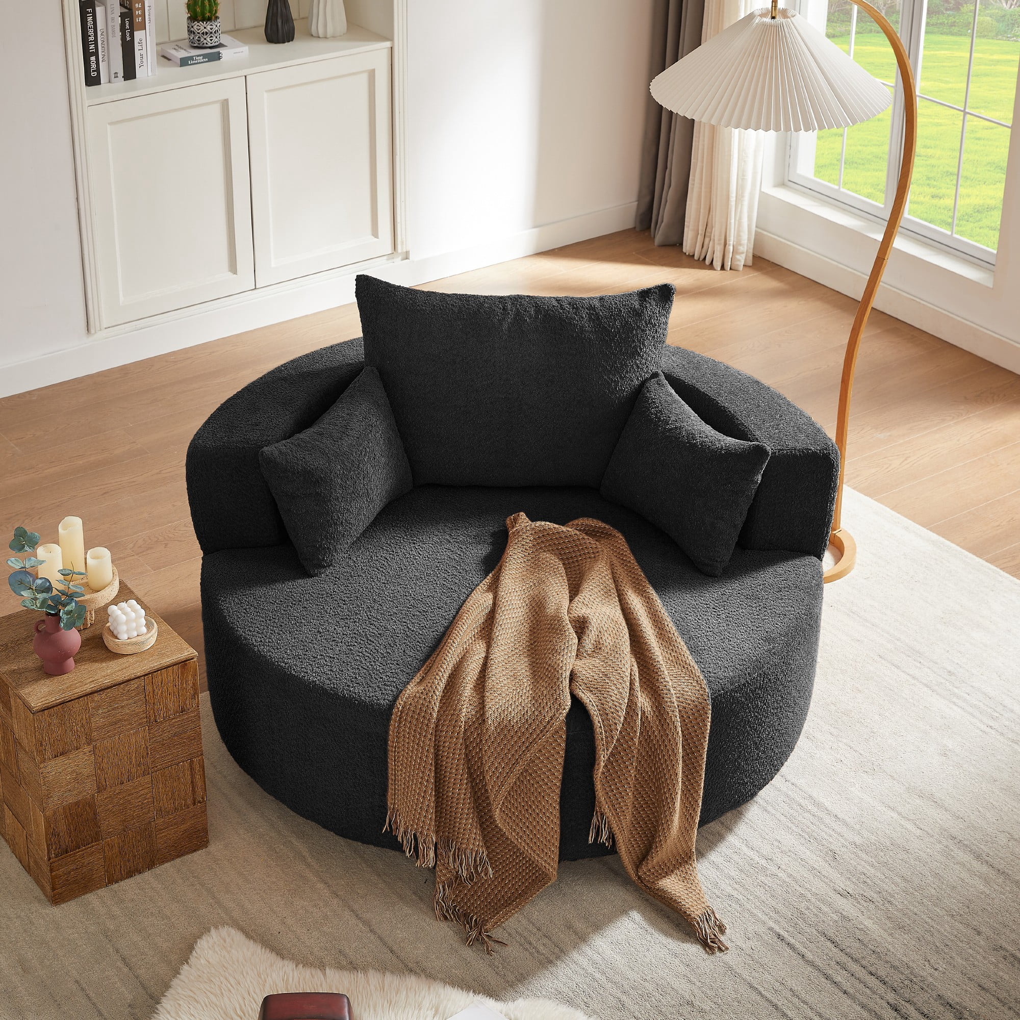 Swivel Round Sofa Couch Sofa Bed,360° Swivel Chair Accent Barrel Chair with 3 Removable Pillows for Living Room, Bedroom,Black