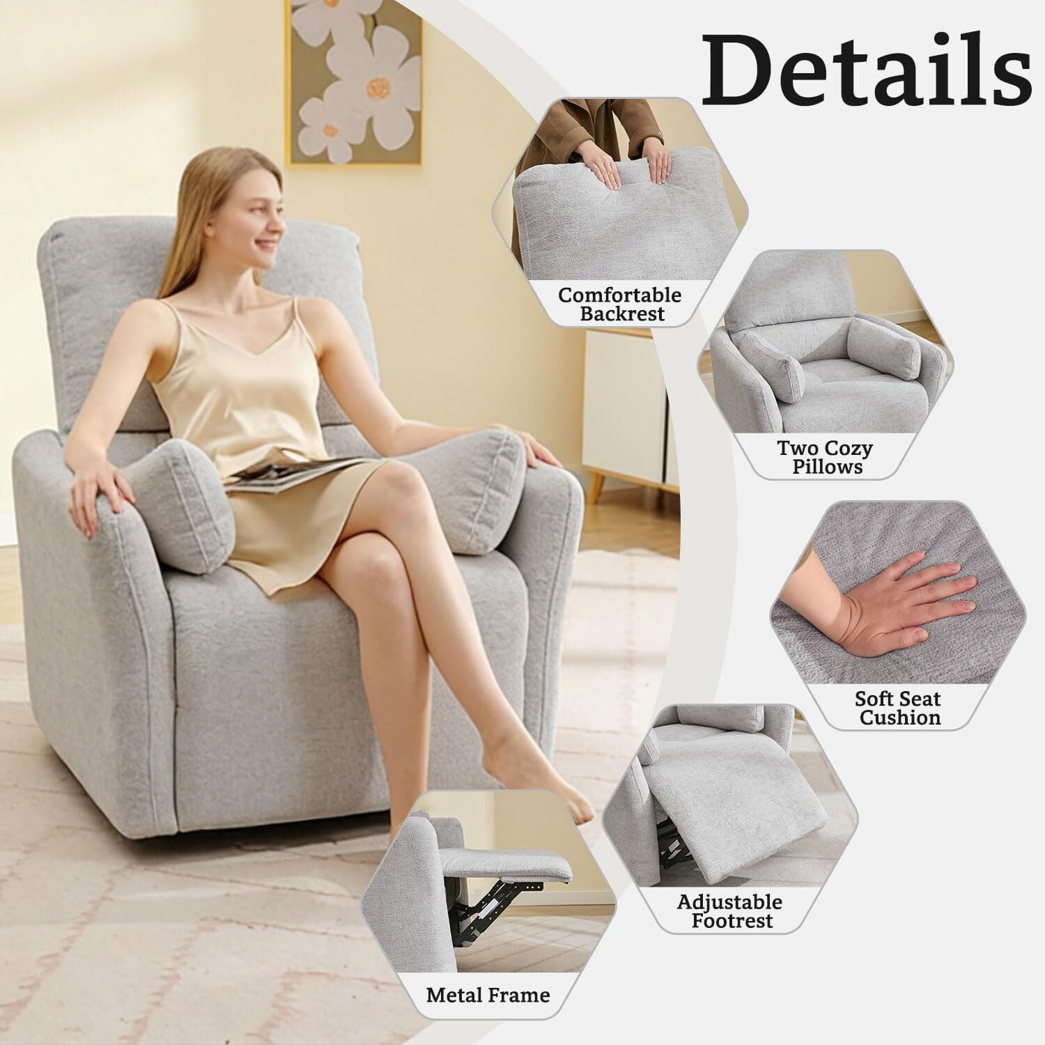 Power Swivel Rocker Recliner Chair with USB & Type-C Ports,Electric Glider Recliner with 2 Pillows,Suede,Gray