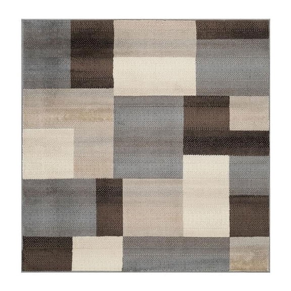HomeRoots 8 ft. Square Patchwork Power Loom Stain Resistant Square Area Rug - Grey & Brown