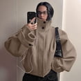 thumbnail image 5 of Women Cropped Trench Coat Zip Up Funnel Neck Short Jacket Oversized Wool Coats Fall Winter Casual Outfits Khaki XS, 5 of 7