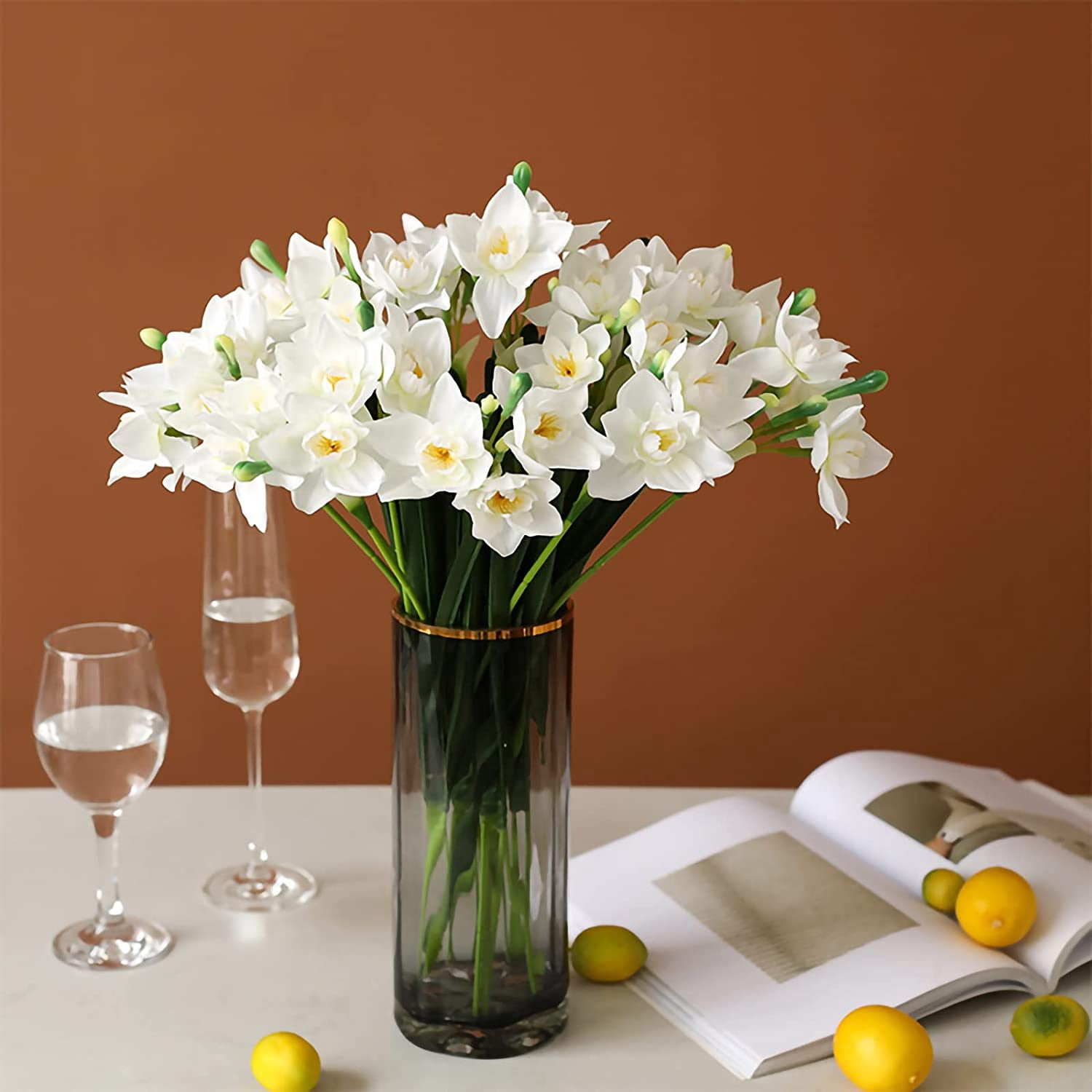 Artificial Daffodils Flowers White Narcissus Spring Flower Fake Silk Flower Arrangement for Home Wedding Outdoor Front Door Decor (, White)