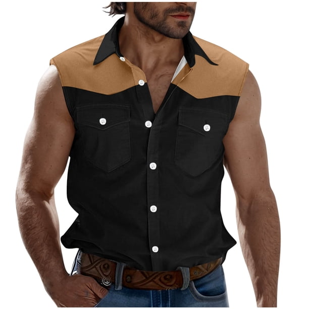 Camisas de Cuello para Hombres Moda Casual Patchwork Turndown Bolsillos sin Mangas Tanque Deportivo, Poliéster