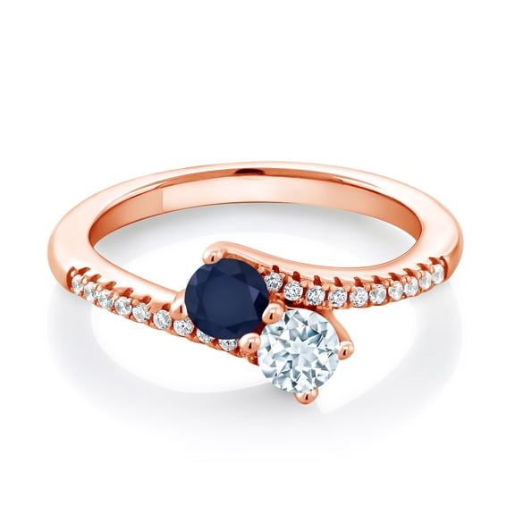 Gem Stone King 18K Rose Gold Plated Silver Blue Sapphire and Sky Blue Aquamarine Bypass Ring for Women (0.84 Cttw, Gemstone September Birthstone, Round 4MM, Size 7)
