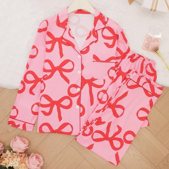 Womens Valentines Pajamas Sets Long Sleeve Button Down Shirts and Casual Pants Comfortable 2 Piece Home Sleepwear for Women Pink L