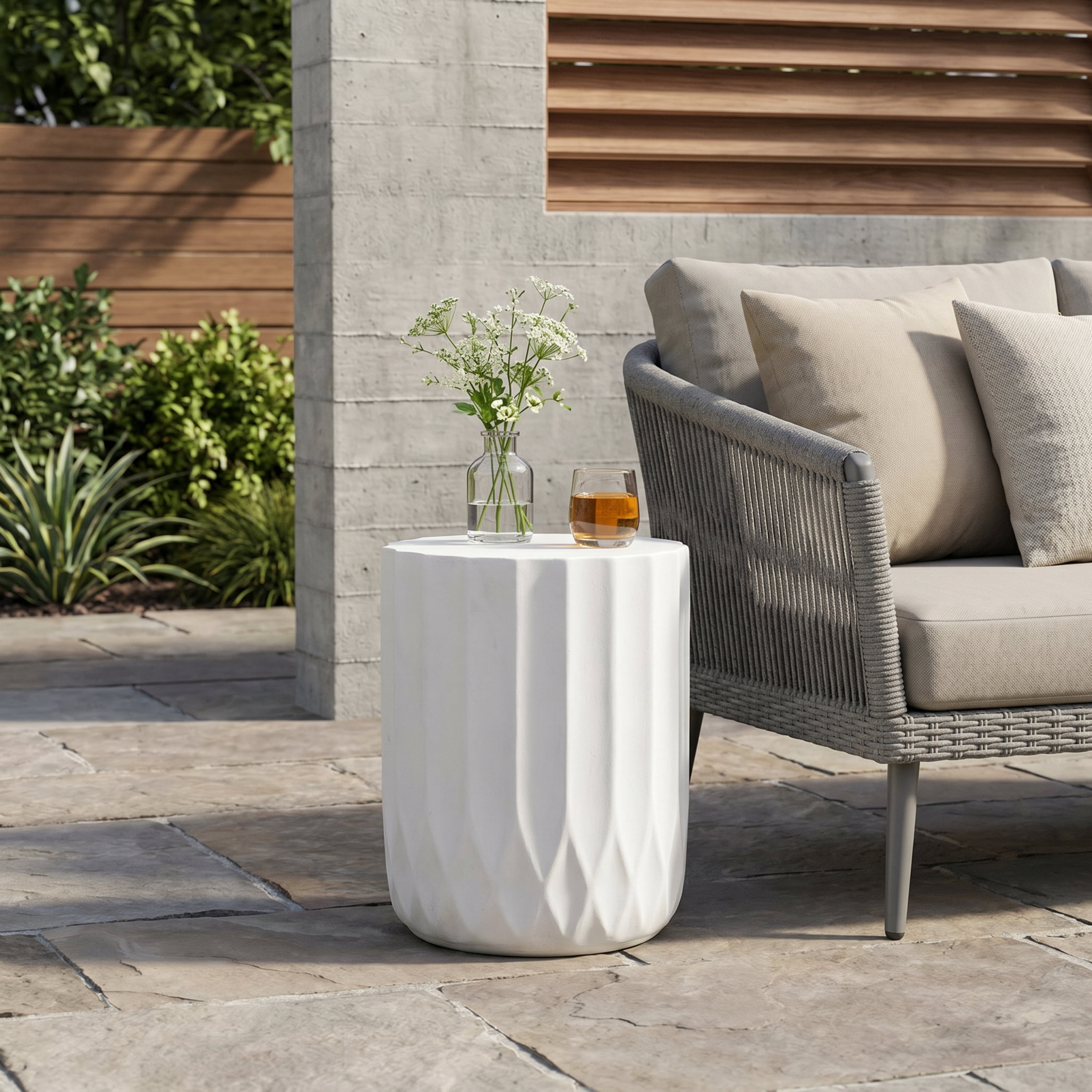 Outdoor Round Side Table 15 Inch, Lightweight Concrete Structure for Patio Garden, White